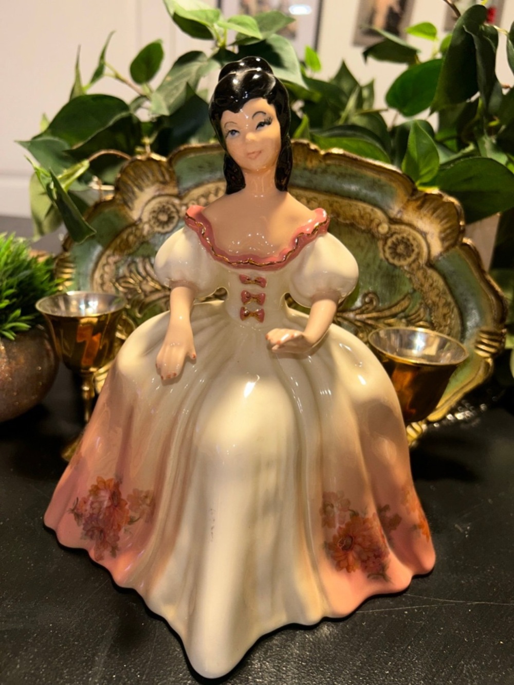 Victorian Ceramic Lady Figurine in Cream and Pink Dress